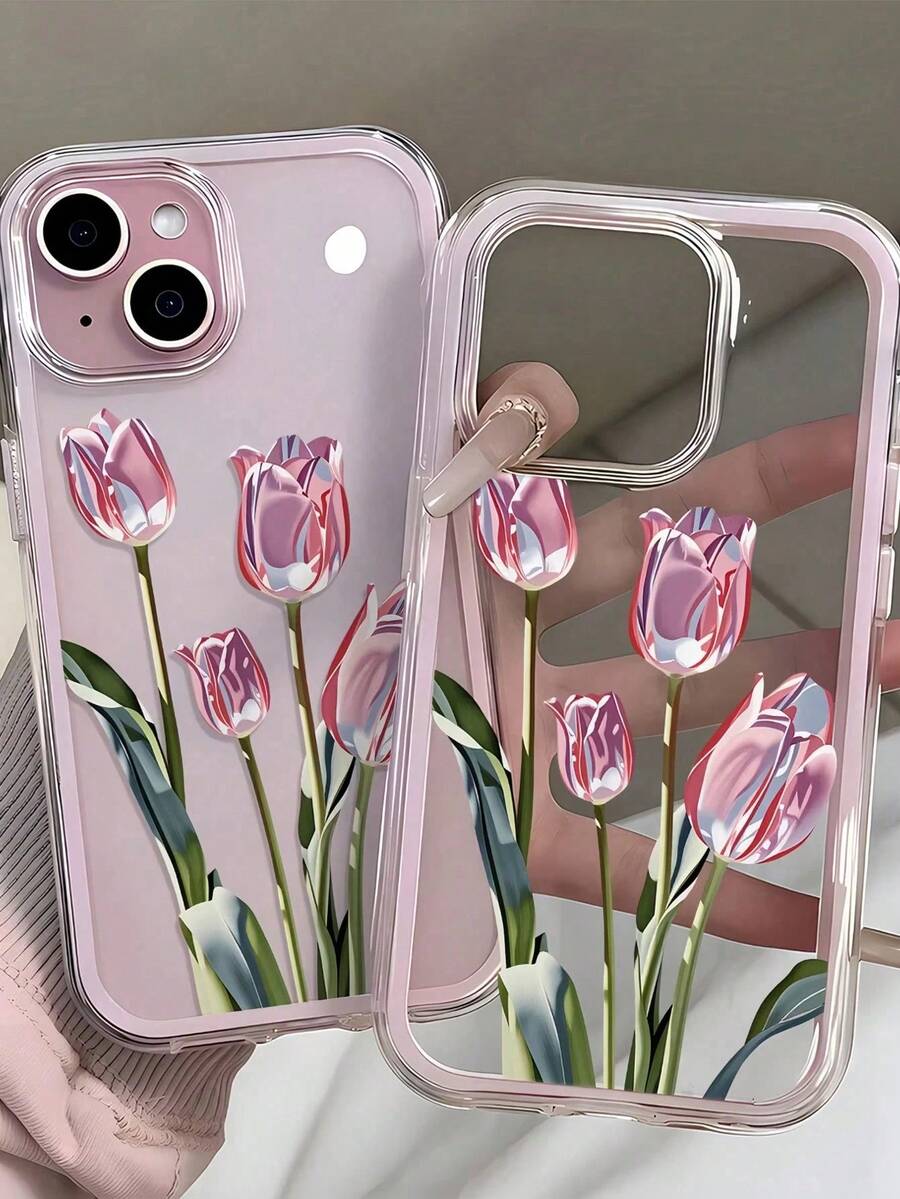 Fashionable Luxury Glossy Tulip Pattern Contrast Color Shockproof Cute Phone Case, Minimalist Transparent Cover Perfectly Fits Daily Use, Compatible With IPhone 16/16 Pro/16 Pro Max/16 Plus/15/15 Plus/15 Pro/15 Pro Max/17/17 Pro/17 Pro Max/12/13 Mini/ 13/13 Pro Max/11/11 Pro Max/12 Pro Max Transparent Soft Shell, Exquisite Gift For Friends, Classmates, Lovers Or Self-Use - Pink - View 1