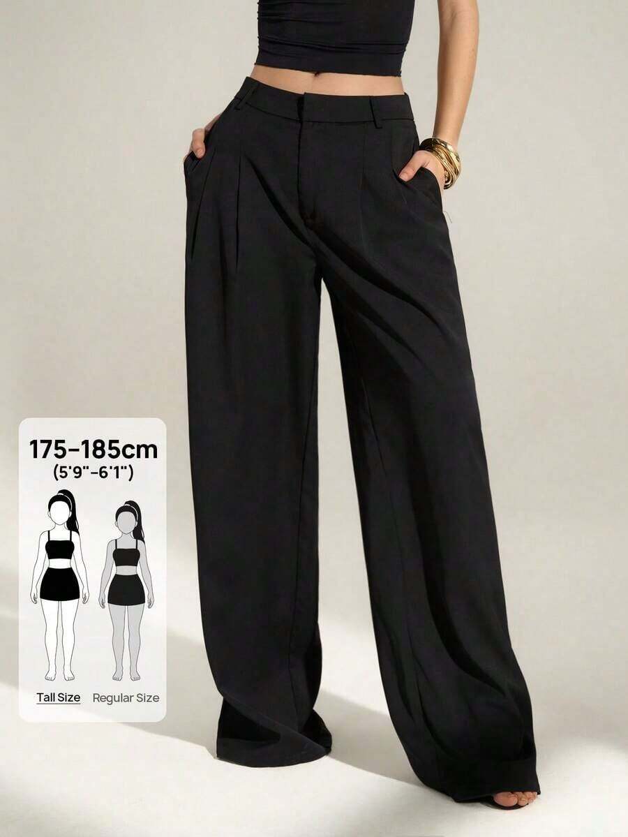 Tall Pantalones anchos de cintura alta plisados de estilo empresarial sexy y casual - Pantalones sueltos de unicolor elegante, ropa profesional de oficina, pantalones de trabajo con corte elegante para mujeres - Negro - Ver 1