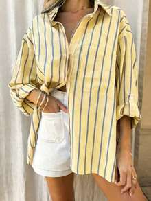 Camisa de mujer de un solo pecho a rayas, versátil y casual para uso diario - Amarillo - Ver 4