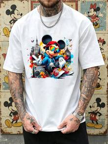 Men's Disney Mickey Mouse Hip Hop Graphic T-Shirt, Colorful Splash Art Short Sleeve Tee, Mickey With Sunglasses & Boombox Graffiti Print Casual Crew Neck Streetwear Cotton Top, White Loose Fit T-Shirt For Men, Summer Daily Wear Cartoon Tee - White - View 3