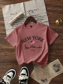 Camiseta de mujer de verano de ajuste holgado con cuello redondo y manga corta, con estampado de eslogan simple, estilo casual de vacaciones. Blusa de moda apta para uso diario y de vacaciones. - Rojo violeta - Ver 3