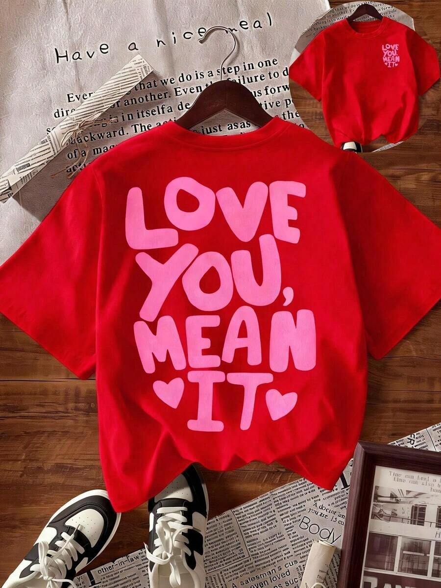 Camiseta casual de mujer de cuello redondo y manga corta con estampado de letras - Rojo - Ver 1