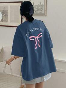 Women's Loose-Fitting, Casual Summer T-Shirt With Letter Print, Bow Detail, Round Neck, And Drop Sleeves. Cute, Oversized Graphic Tee. Y2K Style,  Style, New For 2026, Cute Style, Casual Style. 180g (Sizes S-XXXL) - 藍色的 - 查看 9