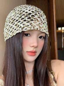 亮片钩针编织帽，女士夏季网眼针织帽，复古Y2K镂空骷髅帽，轻便透气叠层帽，假日，节日 - 大亮片款 - 查看 6