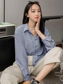 Camisa con botones y hombros caídos, blusa de manga larga para mujer en otoño - Azul - Ver 4