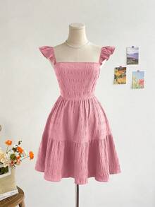 Vestido mini de mujer para vacaciones, de color caqui marrón, con textura de ramitas y hojas, de tela, con mangas de tipo gorro, espalda abierta y cintura con lazo, apto para fiesta, cita, té de la tarde, estilo bohemio, festival de música, carnaval, playa. - Rosa - Ver 2