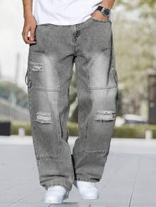 Plus Size Men's Fashion Distressed Embroidered Wide Leg Jeans - Grey - View 4
