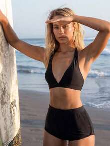 5HZN  Swim Conjunto de 3 piezas de bikini de unicolor con parte superior de cuello halter en V y Bottom triangular y braguitas para primavera/verano 2026 - Negro - Ver 5