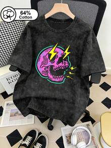 Áo thun ngắn tay nữ cỡ lớn, chất liệu 64% cotton, kiểu dáng vintage chấm bi, thích hợp mặc hàng ngày, họa tiết đầu lâu neon và tia chớp, phong cách retro Y2K, phong cách đường phố Mỹ, thể thao thường ngày, phù hợp mặc ngoài trời, áo hè nữ, trang phục mùa hè, họa tiết in màu đen. - màu đen - Xem 1