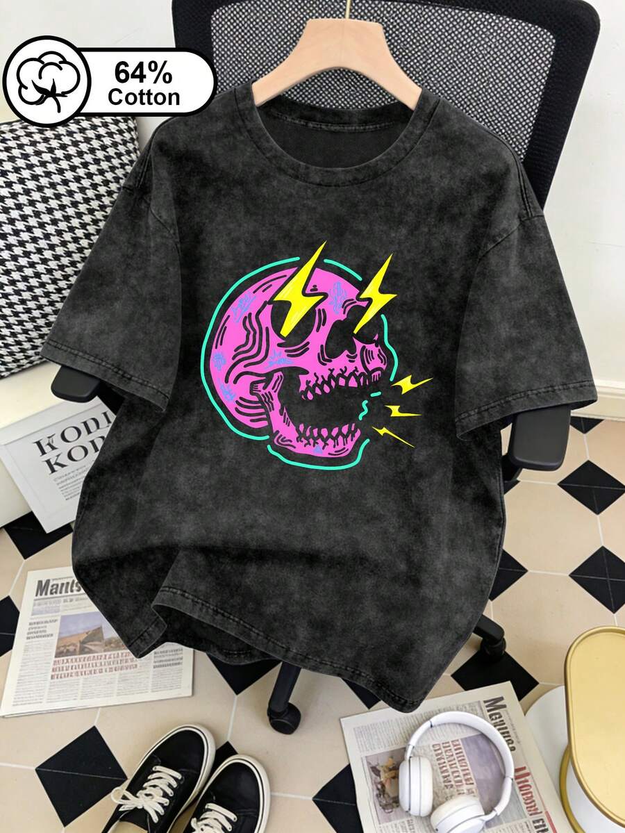 Áo thun ngắn tay nữ cỡ lớn, chất liệu 64% cotton, kiểu dáng vintage chấm bi, thích hợp mặc hàng ngày, họa tiết đầu lâu neon và tia chớp, phong cách retro Y2K, phong cách đường phố Mỹ, thể thao thường ngày, phù hợp mặc ngoài trời, áo hè nữ, trang phục mùa hè, họa tiết in màu đen. - màu đen - Xem 1