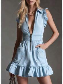 2026 New Fashionable Sleeveless Ruffled Zipper Pocket Denim Dress - 淺色水洗藍 - 查看 1