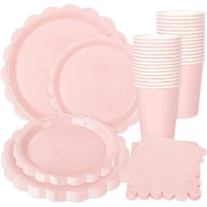 Juego de suministros para fiesta en color rosa pastel, que incluye vajilla de papel en forma de abanico, platos, servilletas y vasos, juego de vajilla desechable para 25 invitados, adecuado para bodas, fiestas de cumpleaños y otras ocasiones