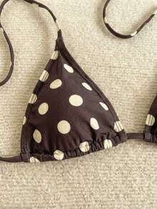 Nuevo conjunto de bikini con estampado de lunares sexy, espalda descubierta y lazo, con tirantes de espagueti para playa y piscina en vacaciones - Marrón - Ver 4
