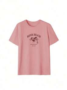 Women's Summer Short-Sleeve T-Shirt, Casual And Loose Fit, With An Australian Bondi Beach Print, Perfect For Everyday Wear And Street Style. Casual Summer Street Style Tops For Women, Cute Beach T-Shirts, Summer Tops For Women, Summer Going-Out Tops. - 西瓜粉 - 查看 2