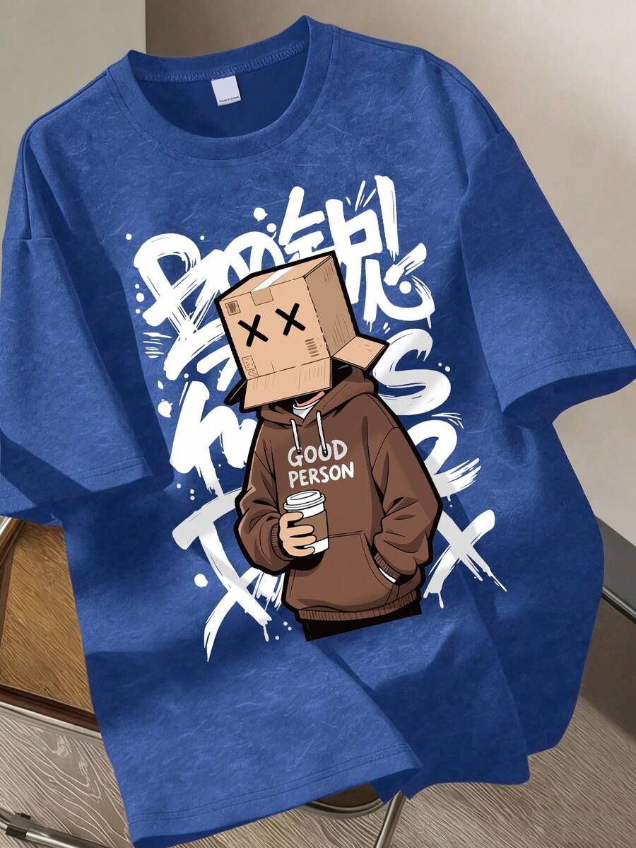 Boys' Washed Gray Cartoon Graphic T-Shirt, Loose Fit Casual Tee With Cartoon Character Graffiti Print, Suitable For School, Streetwear, And Daily Casual Wear - Blue - View 1
