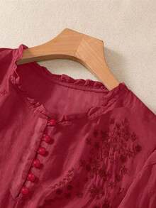 Blusa ligera y holgada de viscosa con bordado retro para mujer, para primavera y verano, casual, estilo campestre, tops de verano - Rosa Roja - Ver 4