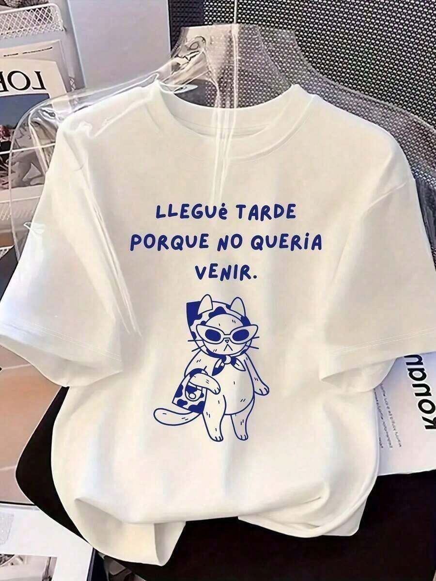 100% cotton 2026 Nueva primavera Camiseta de cuello redondo de manga corta con estampado de gato de estilo español casual, blanca de verano Blusas Bonito 100% Cotton - Blanco - Ver 1