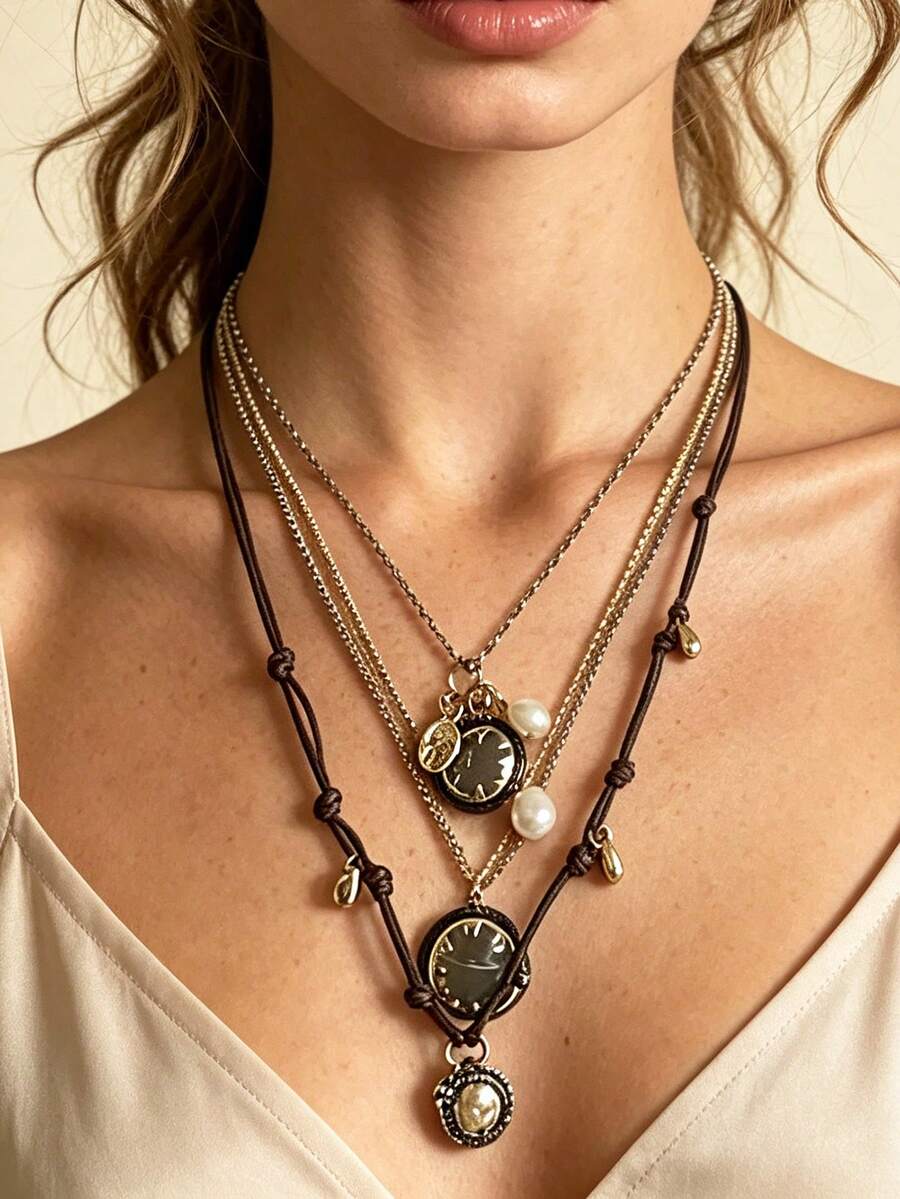 1 Set Vintage French Style Alloy Faux Pearl Multi-Layer Pendant Necklace, Casual Versatile For Women - Geometric Multi-layered Necklace - View 1