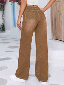 Jeans rectos holgados y casuales para mujer con bolsillos, pantalones vaqueros lavados simples, adecuados para el verano y también un artículo imprescindible para el otoño y la primavera - Marrón - Ver 2