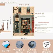 1 pieza, Arte plano 2D, Póster retro, Impresión de pintura al óleo de librería acogedora, Pintura en lienzo de gato negro de librería callejera, Decoración de pared única y creativa, Decoración perfecta para sala de estar y dormitorio, Sin marco - G - Ver 11
