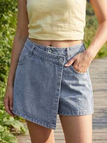 Womens High Rise Denim Skorts Asymmetrical Mini Jean Shorts Casual Summer Going Out Short Pants - Blue - View 4