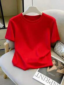 Camiseta de manga corta de cuello redondo de unicolor para uso diario casual de mujer - Rojo - Ver 5