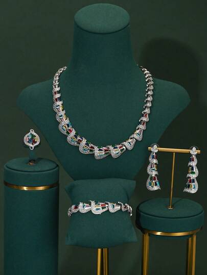 4pcs Luxury Inlaid Zirconia Colorful Design Necklace, Earrings, Bracelet, Open Ring Jewelry Set. Elegant Jewelry For Women's Daily, Party, Wedding. Romantic Luxury Necklace Set For Valentine's Day Gift