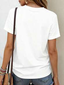 Camiseta cómoda de mujer con estampado de rayas y flores de margarita, cuello redondo, manga corta, minimalista y versátil para uso casual - Blanco 3 - Ver 2