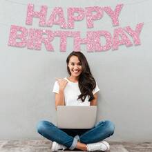预装式生日快乐纸板横幅 - 无需DIY，粉色生日快乐标志，适用于生日派对装饰背景 - 金色 - 查看 10