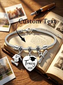 Personalized 2026 Graduation Charm Bracelet, Customized Name And Year Engraved Heart Pendant, Adjustable Snake Chain With Graduation Cap And Diploma Charms, Stainless Steel Jewelry, 2026 Class Graduation Gift For Daughter Friend, Unique Graduation Gift For Her, Back To School Gift - Multicolor - View 3