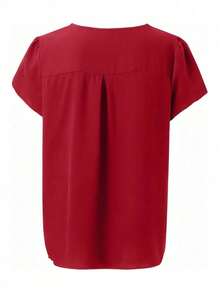Plus Size Women V-Neck Solid Color Petal Short Sleeve Blouse Summer Red - Red - View 3