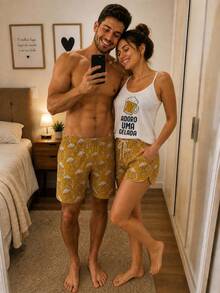 Women's Baby Doll Couple Pajamas I Love A Cold One Piece + Men's Striped Shorts One Size - 白色 - 查看 4