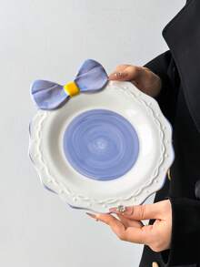1pc Colorful Bowknot Ceramic Plate, Ins Style Creative Handpainted Embossed Plate, Bowknot Design & Colorful Round Plate, Suitable For Daily Western Dining, Birthday Cake, Snacks, Storage, Dishwasher - Multicolor - View 16