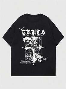 Camiseta con Gráficos de Cruz y Eslóganes para Hombres ROMWE MEN Street Life - Negro - Ver 1