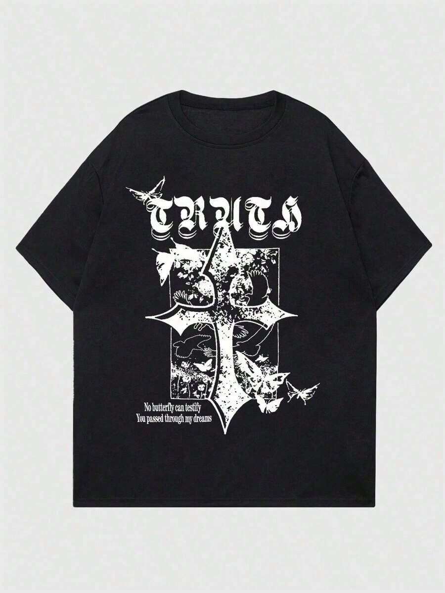 Camiseta con Gráficos de Cruz y Eslóganes para Hombres ROMWE MEN Street Life - Negro - Ver 1