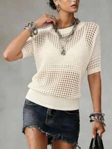 2026 New Spring/Summer Lightweight Breathable Hollow-Out Knit T-Shirt, Loose Short Sleeve Sheer Knit Top, Suitable For Beach, Vacation And Daily Wear - Apricot - View 5
