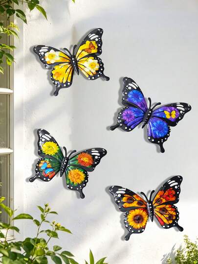 1Pc/4Pcs Vibrant Metal Butterfly Wall Decor, Floral Painted Butterfly Art, Yard & Garden Decor, Weatherproof Outdoor & Garden Wall Art, Home & Living Decoration For Fence, Porch