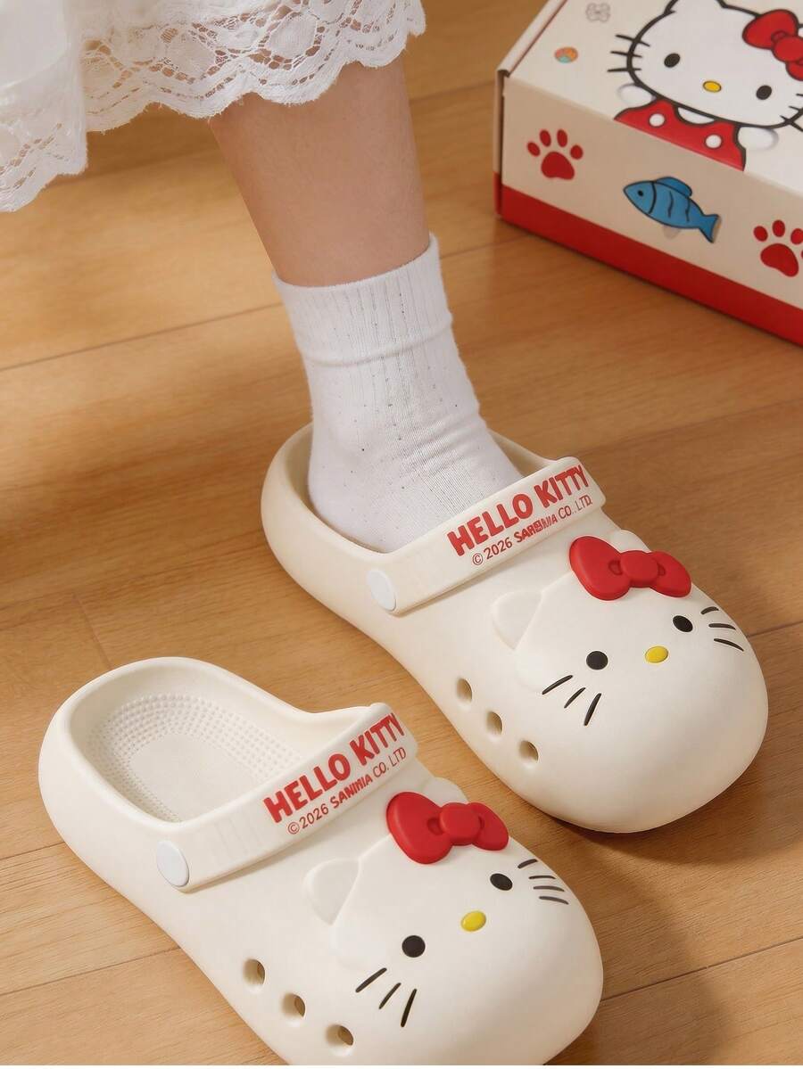 Hello Kitty Sandal Bakiak Wanita Berongga, Sandal Musim Panas Serbaguna Ringan dan Nyaman dari EVA, Cocok untuk Dipakai di Dalam dan Luar Ruangan - Putih - View 1