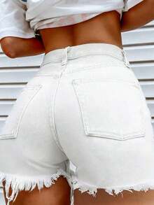 Sexy Y2K Millennium Style Casual Vacation Fashion Design Loose Frayed Hem Elegant Women's Denim Shorts, Suitable For Summer - Blanco - Ver 8