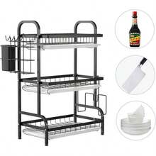 1pc Large 3-Tier Kitchen Storage Rack With Quick Drainage, Knife & Fork Holder, Cutting Board Rack, Multifunctional Countertop Dish Rack For Bowls & Plates, Stylish Metal Rack, Durable Kitchen Organizer - Multicolor - View 10