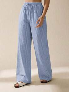 Pantalones largos de rayas con cintura de cordón para uso diario, atuendos de mujer de verano casuales - Azul - Ver 5