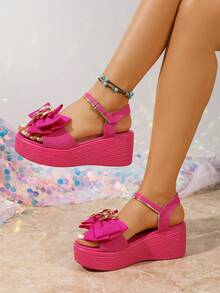 Giày sandal đế xuồng thời trang mùa hè dành cho nữ, nơ màu hồng tươi rực rỡ trang trí bằng khóa kim loại, đế dày nhẹ không gây nặng chân, kiểu dáng một quai cổ điển dễ xỏ, thoải mái và đa năng cho cả bộ trang phục mùa hè. - Màu Hồng Tươi - Xem 8