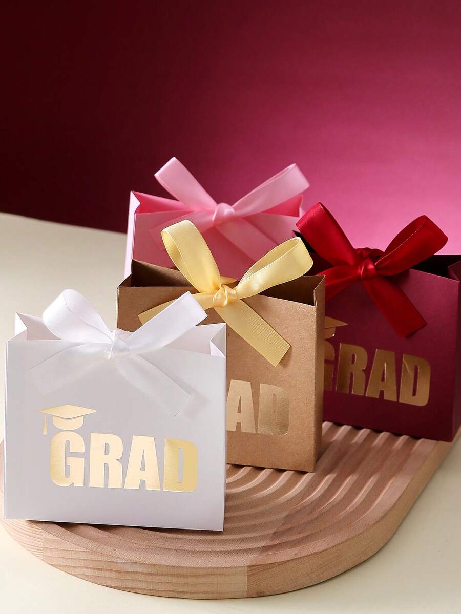 10pcs/Set Graduation Gift Box With "GRAD" Foil Print Design, Multi-Color Celebration Favors With Ribbon & Bow, Metal Texture Souvenir Bag, Festive Decoration