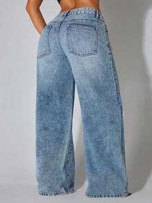 Jeans casuales de cintura baja y pierna ancha de color azul con bolsillos en diagonal, ropa de verano y primavera - Azul 2 - Ver 2