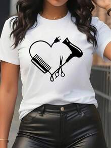 Camiseta de manga corta 100% algodón, exclusiva para salones de belleza, confeccionada con tela de poliéster duradera, decorada con un elegante patrón en forma de corazón, de corte cómodo, adecuada para barberos y peluqueros, ideal tanto para el trabajo como para el uso diario informal. - Blanco - Ver 7