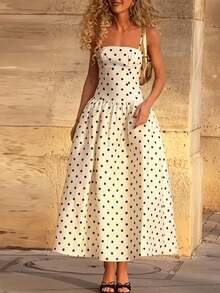 2026 Nuevo vestido elegante, sexy y casual de primavera/verano para vacaciones, fiestas de té, festivales de música country, con volantes en la cintura, tirantes a lunares, color blanco - Blanco - Ver 3