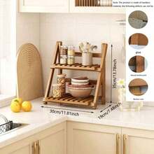 BZP9 1 pieza Organizador de estante plegable de bambú para encimera de cocina, estantería de almacenamiento multifunción compacta para uso doméstico - Marrón 50 cm - Ver 5