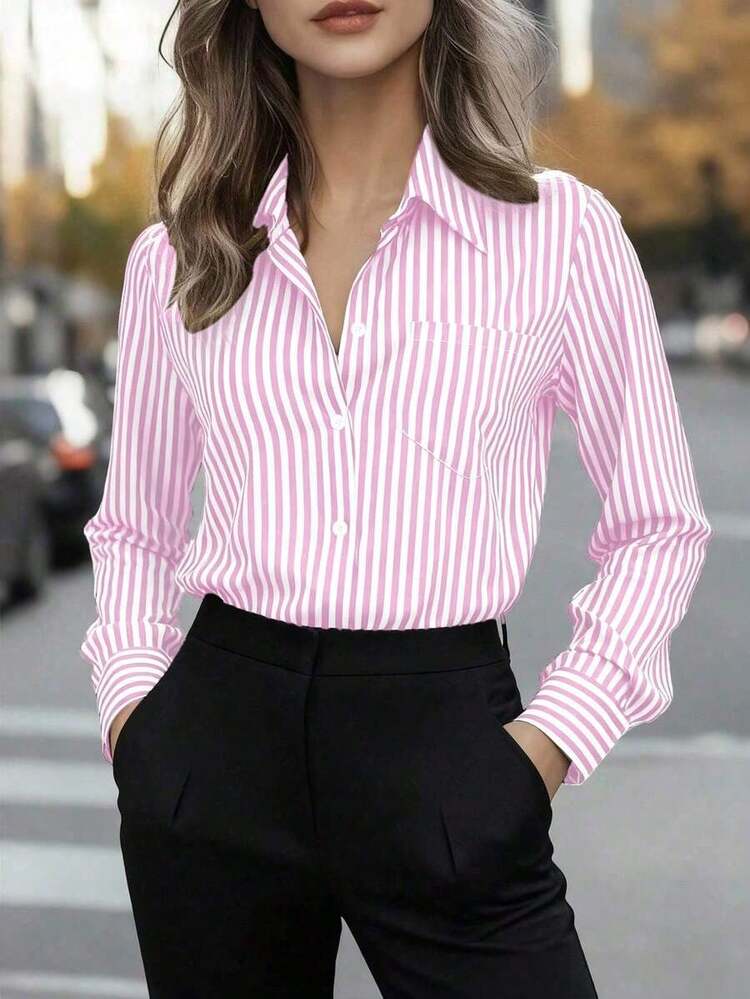 Blusa de mujer de manga larga con cuello puntiagudo y bolsillos con botones, a rayas, de estilo casual básico, adecuada para uso diario en la oficina, otoño/invierno/primavera - Rosa CS046-1 - Añade 2