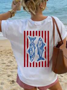 Short Sleeve T-Shirt With Round Neck, Embroidered Sea Turtle Print, Casual And Simple Style, High Quality, New Summer Collection, Versatile And Elegant Blouse For Women, White, New Collection 2026 - 100% Breathable Cotton, Y2K Style Sportswear, Round Neck, 100% Cotton, Soft Fabric, Short Sleeve. - 白色 2 - 查看 1