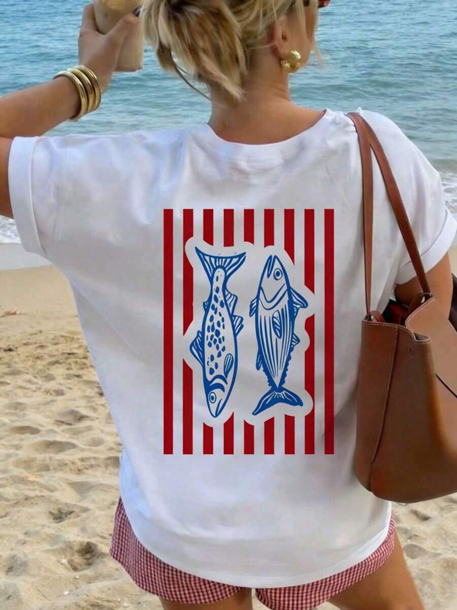Short Sleeve T-Shirt With Round Neck, Embroidered Sea Turtle Print, Casual And Simple Style, High Quality, New Summer Collection, Versatile And Elegant Blouse For Women, White, New Collection 2026 - 100% Breathable Cotton, Y2K Style Sportswear, Round Neck, 100% Cotton, Soft Fabric, Short Sleeve. - 白色 2 - 查看 1